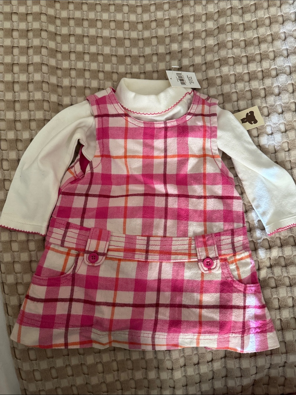 GAP 3-6 months Pink & Orange Plaid Pinafore Dress with Cream Long-Sleeve Onesie